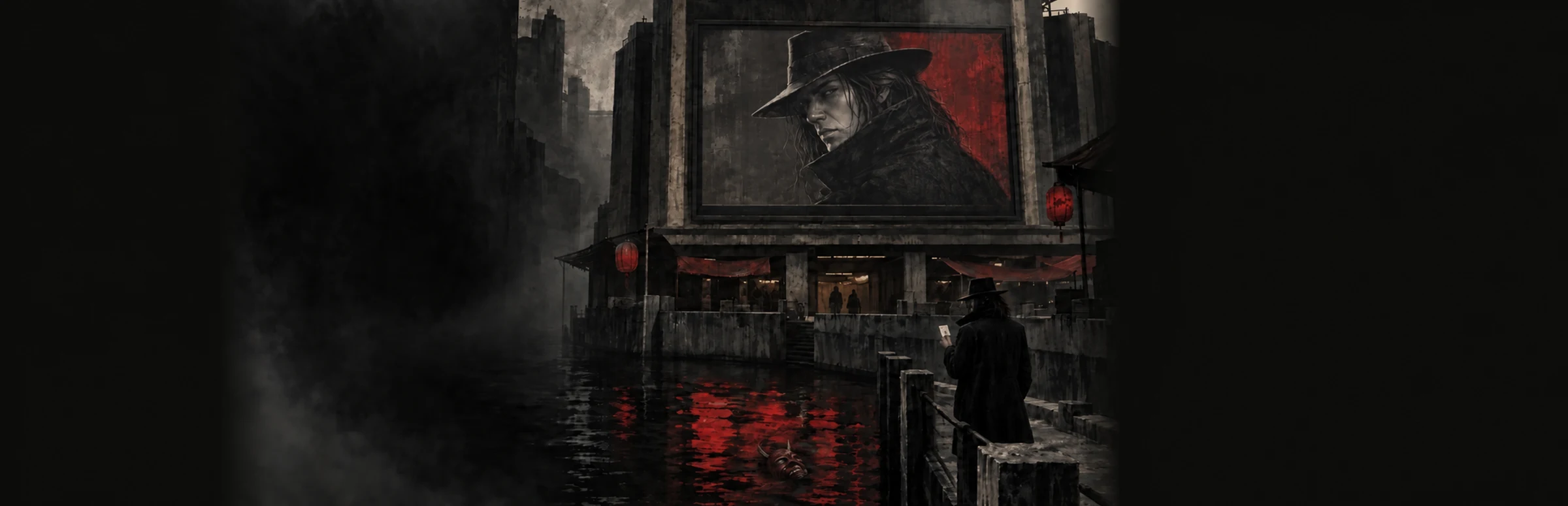 A lone figure beneath a red billboard in a dark waterfront city