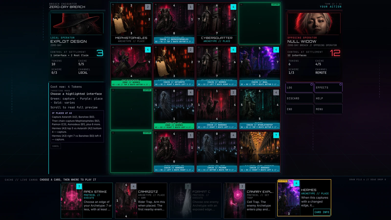 Cards occupy a 4×4 battle board as a capture chain changes control.