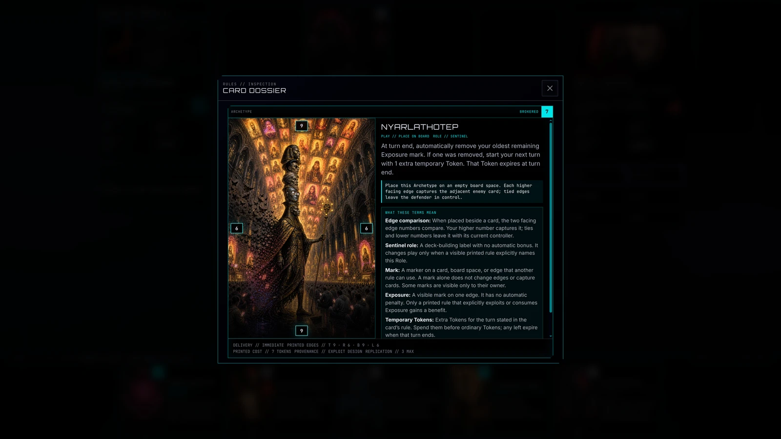 An Archetype card dossier shows its artwork, edges and rules.